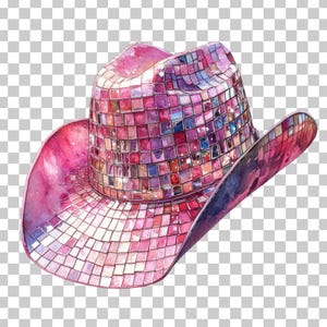 K&ouml;nnte beinhalten: Ein rosa Cowboyhut mit einem spiegelnden, mosaikartigen Design. Der Hut ist aus einem Material gefertigt, das an Fliesen oder Pailletten erinnert.