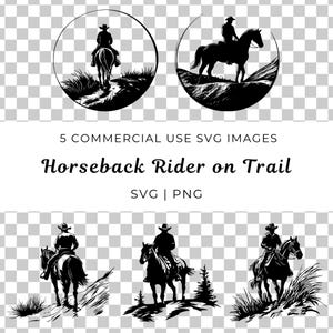 Svg de cavalier, vecteur de randonnée, Svg de scène équine, Svg d'équitation, vecteur de sentier pittoresque, Svg de cow-boy, scène équestre