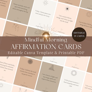 Kaarten voor positieve bevestiging, afdrukbare citaten, bewerkbare canva-sjabloon, Mindful Morning, dagelijkse inspiratie, spiritueel kaartspel, digitale download