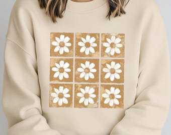 Tan Checkered Daisy PNG, Floral Grid Clipart (Digital Download)