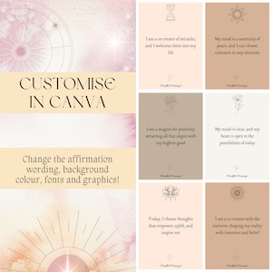Puede incluir: Un conjunto de seis tarjetas de afirmaci&oacute;n rosa y marr&oacute;n con mensajes positivos. Cada tarjeta presenta un dise&ntilde;o gr&aacute;fico diferente y el texto "Mindful Morning". El texto en las tarjetas dice: "Soy un co-creador de milagros, y los doy la bienvenida a mi vida", "Mi mente es un santuario de paz, y puedo elegir la calma en cualquier situaci&oacute;n", "Soy un im&aacute;n para la positividad, atrayendo todo lo que se alinea con mi bien m&aacute;s elevado", "Mi mente est&aacute; clara, y mi coraz&oacute;n est&aacute; abierto a las posibilidades de hoy", "Hoy, elijo pensamientos que me empoderan, elevan e inspiran", y "Soy un co-creador con el universo, dando forma a mi realidad con intenci&oacute;n y creencia".