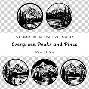 Pics à feuilles persistantes et pins Svg, paysage forestier Svg, pin Svg Png, fichier montagnes, montagnes et arbres vecteur, sommets des montagnes Svg