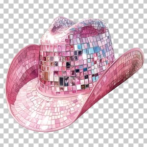 K&ouml;nnte beinhalten: Ein rosa Cowboyhut, der mit schimmernden Pailletten besetzt ist. Der Hut hat einen breiten Rand und eine spitze Krone.