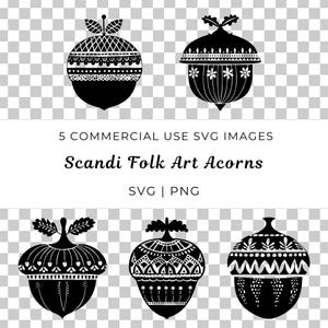 May include: Five black and white acorn illustrations in a Scandinavian folk art style. The acorns are decorated with geometric patterns and are perfect for crafting projects.