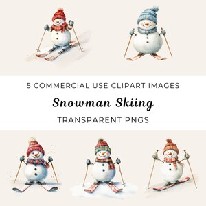 May include: Five watercolour illustrations of snowmen skiing. Each snowman is wearing a different coloured hat and scarf. The snowmen are skiing down a snowy hill. The illustrations are on a white background.