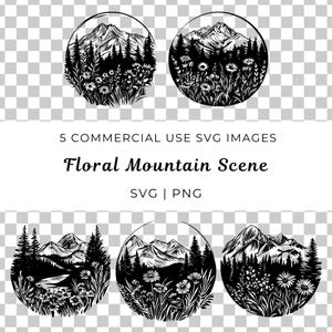 Floral montagne scène Svg, Clipart fleurs de montagne, fichiers Svg de scène de montagne ronde, montagne avec des fleurs Svg, clipart prairie florale