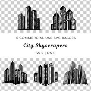 以下が含まれることがあります： 都市の超高層ビルの白黒イラストが5つ。イラストはシンプルでグラフィックなスタイル。イラストの下に「City Skyscrapers」というテキストがあります。