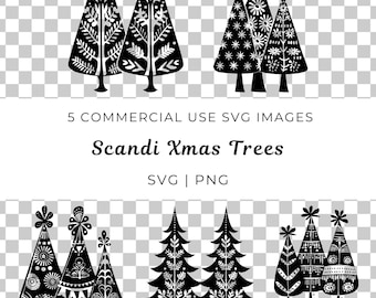 May include: Five black and white Scandinavian style Christmas tree illustrations. The trees are decorated with geometric patterns and snowflakes. The text "Scandi Xmas Trees" is below the trees.