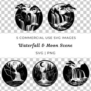 Wasserfall bei Nacht Szene SVG, Wasserfall und Mond, Natur inspiriert, Mondschein Wasserfall, nächtliche Wasserfall SVG, ruhige Nacht Wasserfall SVG