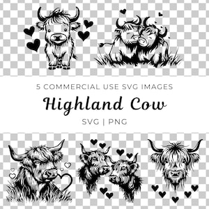 Puede incluir: Cinco ilustraciones en blanco y negro de vacas Highland. La primera imagen muestra una vaca sola de pie con corazones a su alrededor. La segunda imagen muestra dos vacas acurrucadas. La tercera imagen muestra la cabeza de una vaca con un corazón delante de ella. La cuarta imagen muestra dos cabezas de vacas tocándose la nariz. La quinta imagen muestra la cabeza de una vaca con corazones a su alrededor.