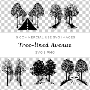 Op de afbeelding: Vijf zwart-witte silhouet-illustraties van met bomen omzoomde lanen. De illustraties tonen een weg met bomen aan beide zijden. De illustraties zijn perfect voor gebruik in ontwerp projecten, zoals uitnodigingen, kaarten en scrapbook pagina's.
