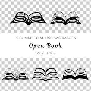 May include: Five black and white illustrations of an open book. The book is drawn in a simple, stylized way. The illustrations are perfect for use in a variety of projects, such as websites, social media, and print materials.
