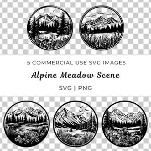 Prairie alpine scène Svg, Svg prairie de fleurs sauvages de montagne, clipart inspiré de la Nature, clipart prairie de fleurs, usage commercial, inspiré de la Nature