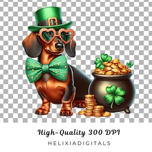 May include: A dachshund wearing a green hat, heart-shaped sunglasses, and a green bow tie sits next to a pot of gold coins with shamrocks.