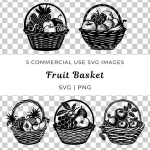 Cestas de frutas Svg, Fruta tropical, Fruta Svg, Paquete Svg de verano, Clipart de comida, Cesta de picnic Svg, Fruta Png, Cesta de regalo Png, Fruta gourmet