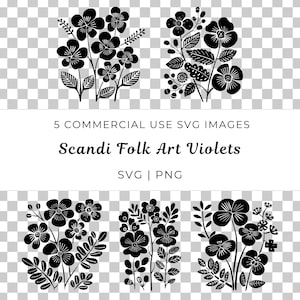 Skandynawska sztuka ludowa Violets Svg, Nordic Bloom Svg, Skandynawski wektor kwiatowy, Wektor inspirowany naturą, Botaniczny ludowy Svg, Wektor kwiatów ludowych