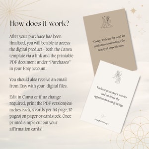 Puede incluir: Una descarga digital de tarjetas de afirmaci&oacute;n imprimibles. Las tarjetas presentan un dise&ntilde;o minimalista con dibujos de l&iacute;neas y texto. El texto en las tarjetas incluye las frases "Hoy, libero la necesidad de perfecci&oacute;n y abrazo la belleza de la imperfecci&oacute;n" y "Libero las preocupaciones de ayer y abrazo las oportunidades que trae el d&iacute;a de hoy".