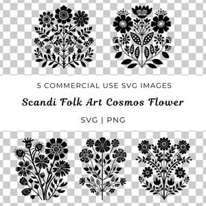 Scandi Folk Art Cosmos Flower Svg, Folk scandinavo digitale, Clipart decorazione botanica, Folk scandinavo Svg, Fiore mese di nascita ottobre,