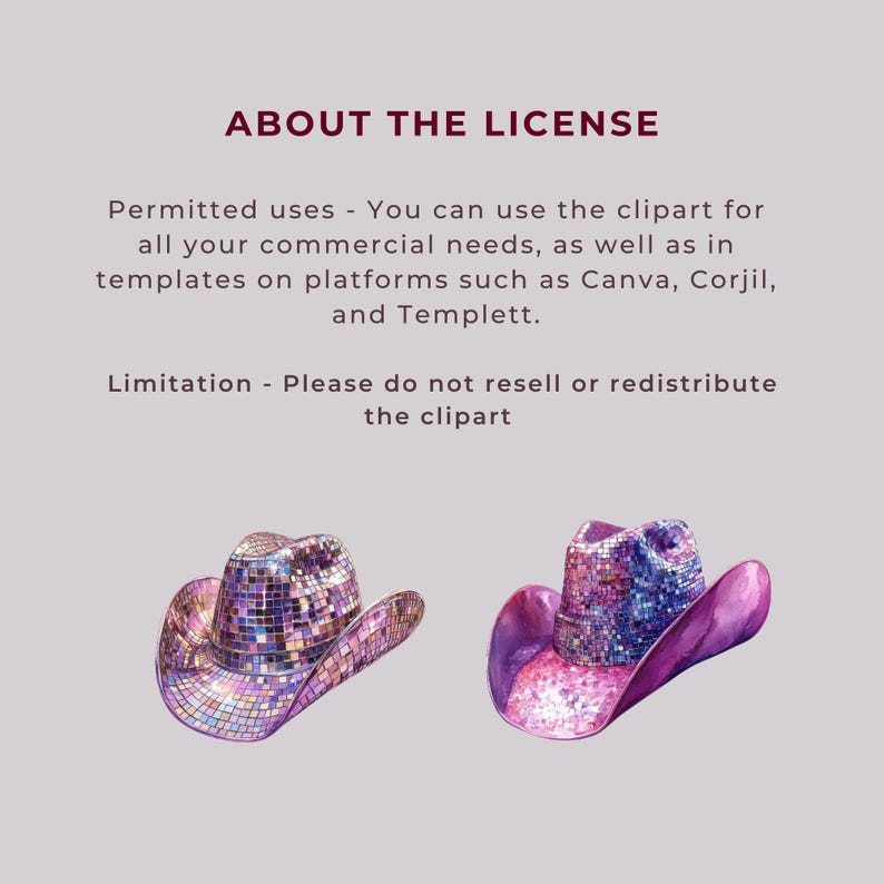 K&ouml;nnte beinhalten: Zwei lila und rosafarbene Cowboyh&uuml;te mit Mosaikmuster. Die H&uuml;te befinden sich auf einem hellgrauen Hintergrund. Der Text "ABOUT THE LICENSE" befindet sich oben im Bild. Der Text unter den H&uuml;ten lautet "Permitted uses - You can use the clipart for all your commercial needs, as well as in templates on platforms such as Canva, Corjil, and Templett. Limitation - Please do not resell or redistribute the clipart."
