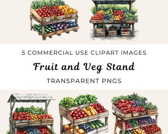 Watercolor Fruit and Vegetable Stand Clipart, Farmers Market PNG (Digital Download)