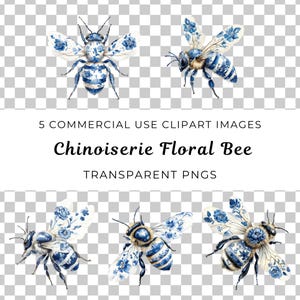 Chinoiserie bee png, hommel png, honingbij clipart, aquarel bij, schattige bij clipart, bloemenbij png, vintage bloemmotief, blauwe bij