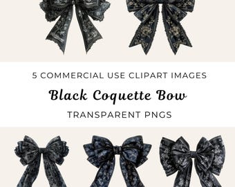 Black Coquette Bow Clipart, Toile Ribbon Design (PNG Digital Download)