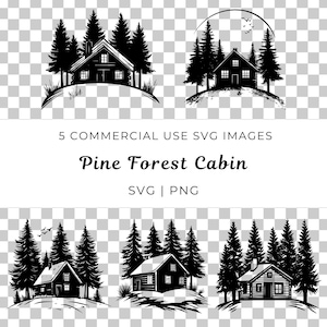 Hut en pijnbomen Svg, dennenbos hut Vector, Mountain Retreat Svg, Cabin in the Woods Vector, afgelegen Cottage Svg, scène wintercabine