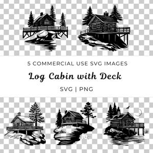 Blokhut met dek Svg, gezellige hut Vector, houten hut Svg, rustieke retraite Svg, boshut Svg, hut aan het meer Vector, hut in het bos Svg