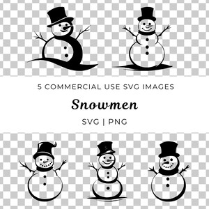 May include: Five black and white silhouette illustrations of snowmen. Each snowman has a top hat, a carrot nose, and three buttons. The snowmen are in various poses, including standing, sitting, and waving.