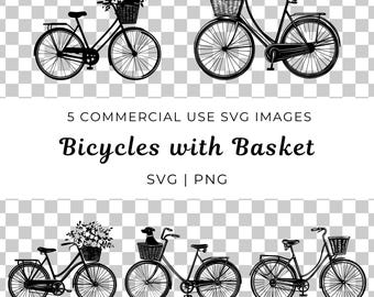 Bicicleta vintage con cesta SVG, vector floral (descarga digital)