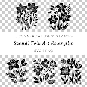 Vecteur de fleur d'amaryllis art folklorique scandinave, vecteur de fleur d'amaryllis, lys scandinave Svg, pack Svg de fleurs nordiques, design floral art folklorique