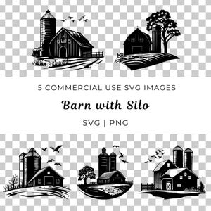 Granero con silo Svg, vector de escena de granja rústica, edificio agrícola Svg, escena de granja, vector de agricultura rural, granero y almacenamiento de granos Svg