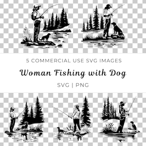Mujer pescando con perro Vector, Aventura al aire libre Vector, Perro compañero, Mujer pescadora Vector, Pesca en la naturaleza Svg, Escena de río, Pesca Svg