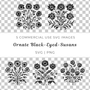 Svg orné de Susan aux yeux noirs, élégant vecteur de Susan aux yeux noirs, motif floral audacieux Svg, vecteur dynamique de Susan aux yeux noirs, Svg de fleurs d'été