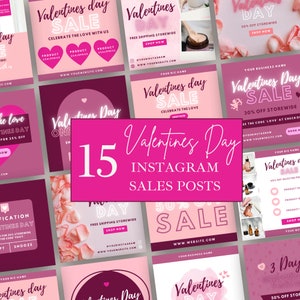 May include: A collection of 15 pink and burgundy Instagram post templates for Valentine's Day sales. The templates feature various designs with hearts, flowers, and text that says "Valentine's Day Sale" and "Shop Now".