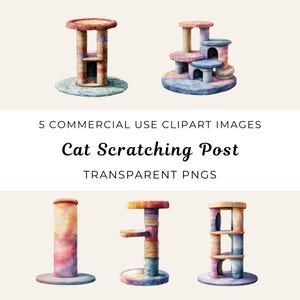 May include: Five watercolor illustrations of cat scratching posts. The posts are various heights and shapes, with some featuring platforms and others being a single post. The posts are decorated with a variety of colors, including pink, blue, and green.