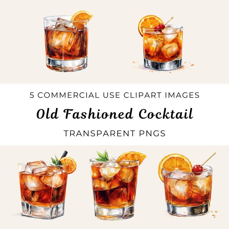 以下が含まれることがあります： オールドファッションの cocktail を描いた水彩画のイラストが 5 つあります。それぞれのイラストには、氷、茶色のリキュール、オレンジのスライスとチェリーで飾られたグラスが描かれています。