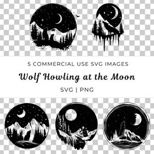 Wolf Howling at the Moon Vector, Howling Wolf Svg, nachtscène, wildernisscène, Lone Wolf Svg, Forest Wolf Vector, nachtelijke dieren Svg