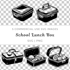 Puede incluir: Cinco ilustraciones en blanco y negro de diferentes estilos de fiambreras. Las fiambreras están todas cerradas excepto una, que está abierta y muestra un sándwich, una hamburguesa y fruta en su interior.
