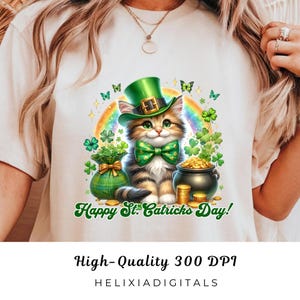 Feliz día de San Patricio PNG, Gato del día de San Patricio PNG, Archivo de sublimación para el día de San Patricio, Lindo gato con sombrero de duende PNG, Arcoíris Png