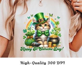 St. Catricks Day Cat Leprechaun PNG, Rainbow Shamrock (Digital Download)