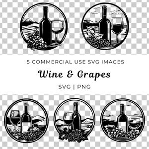 May include: Five black and white illustrations of wine bottles, grapes, and wine glasses. The illustrations are set against a background of a vineyard with mountains in the distance. The text "Wine & Grapes" is written below the illustrations.