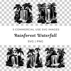 May include: Five black and white silhouette illustrations of a rainforest waterfall with palm trees. The images are set against a transparent background.