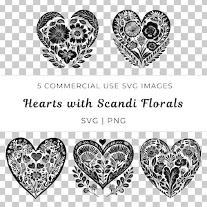Corazones con flores escandinavas Svg, corazón nórdico con flores Vector, diseño de corazón popular Svg, amor escandinavo con flores Svg, corazón Hygge Svg