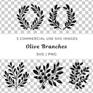 May include: Five black and white illustrations of olive branches. The first two are wreaths, the next two are single branches, and the last one is a branch with berries.