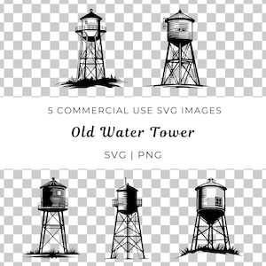 May include: Five black and white illustrations of old water towers. The water towers are tall and cylindrical with a platform at the top. The illustrations are simple and stylized.