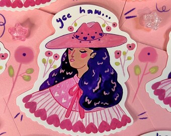 Roze sticker veedrijfster | Vinylsticker Yee Haw