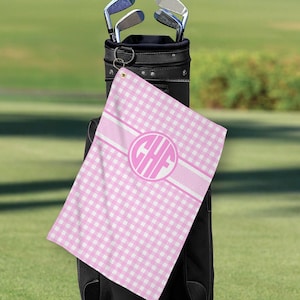 Custom Golf Towel, Personalized Pink Gingham Sport Towel, Monogrammed Bridesmaid Gift, Preppy Golfing Gear for Her, Golfer Birthday Present