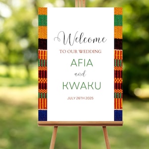 Cartello di benvenuto per matrimonio Kente 1, modello Canva per matrimonio africano in Ghana