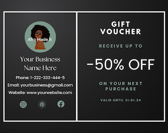 Black and Green Editable Gift Certificate Template, 6" x 4", Gift Voucher Template, Small Business, Thank you Card, Customer Card